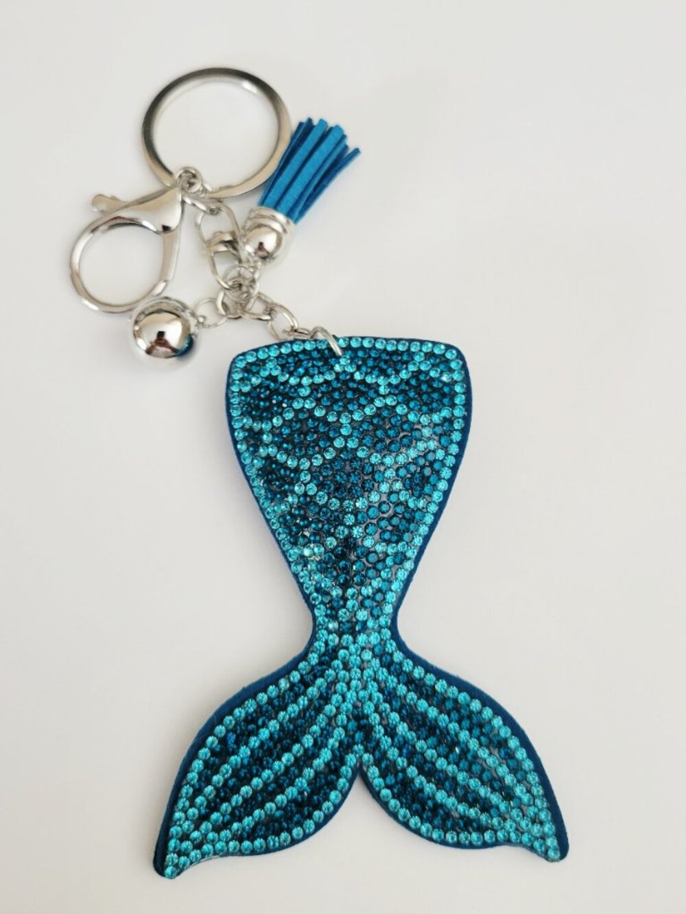 NWT Large Ocean Blue Mermaid Tail Keychain Bag Charm Beautiful, Tassel, Silver